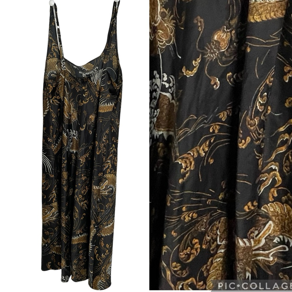 Natori Slip Black/Gold Dragon Midi Dress Adjustable Straps L